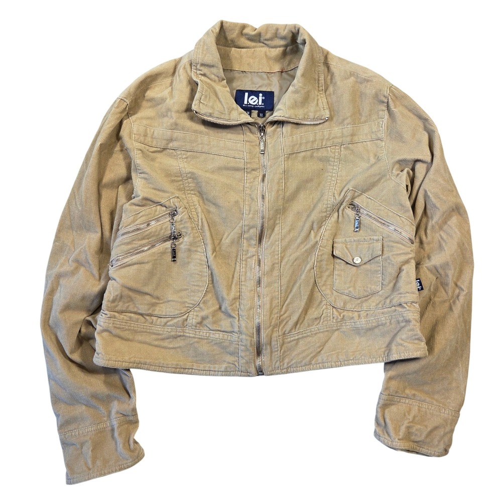LEI Vintage Y2K Tan Corduroy Cropped Jacket XL Full Zip 2000s Bratz Preppy Crop